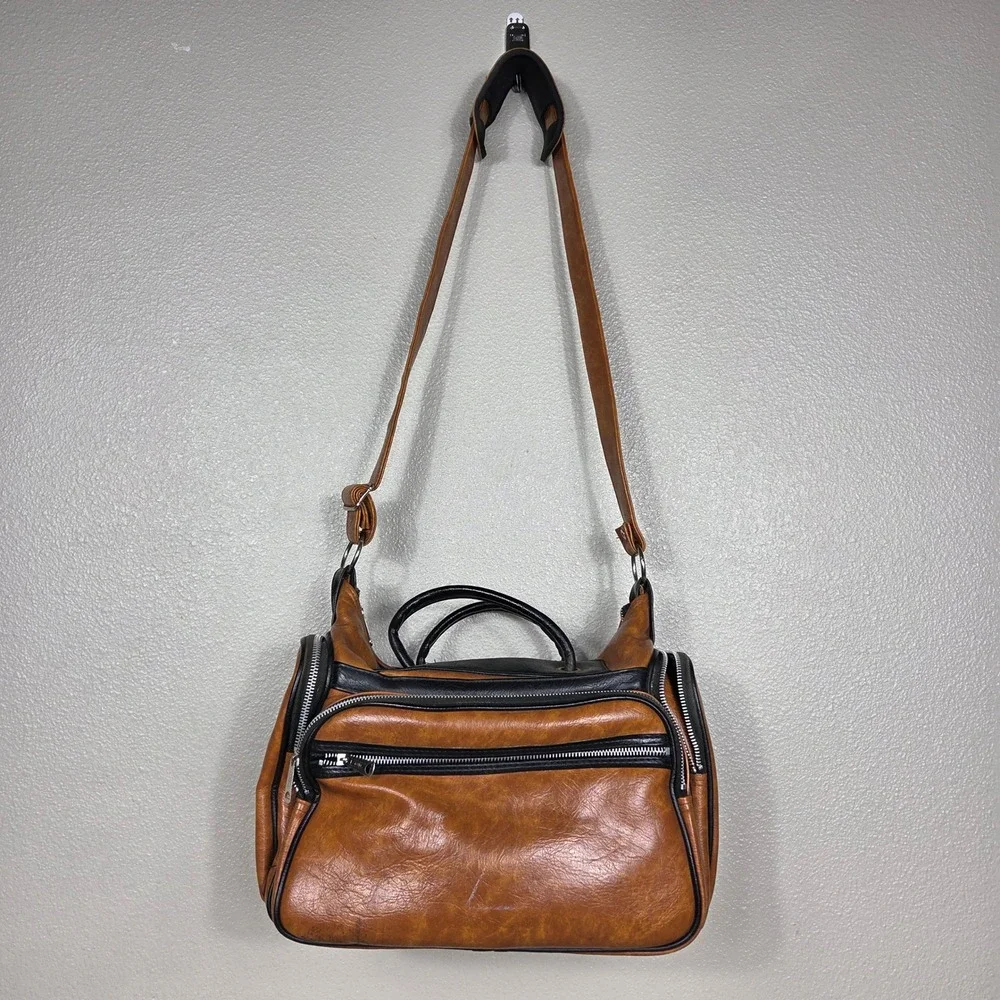vintage y2k cognac brown black multi zip moto satchel shoulder bag